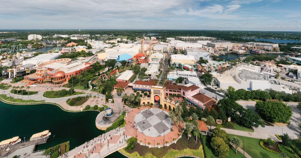 Aerial view of Universal Orlando's theme parks — where your phone works hardest all holiday